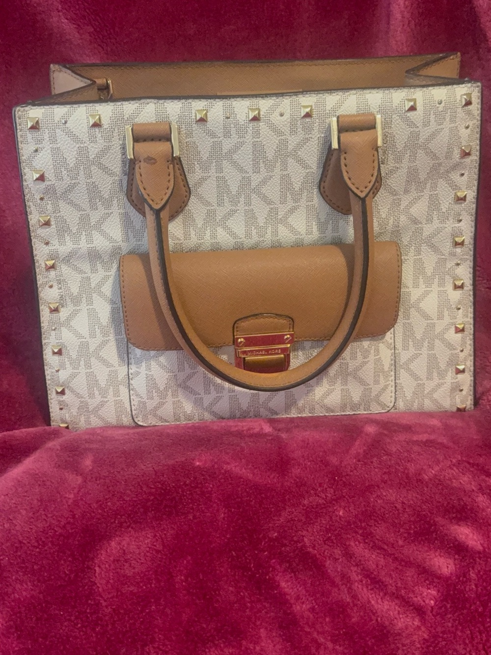 Michael Kors Manhattan Medium Studded Satchel Vanilla MK Signature Logo Bag